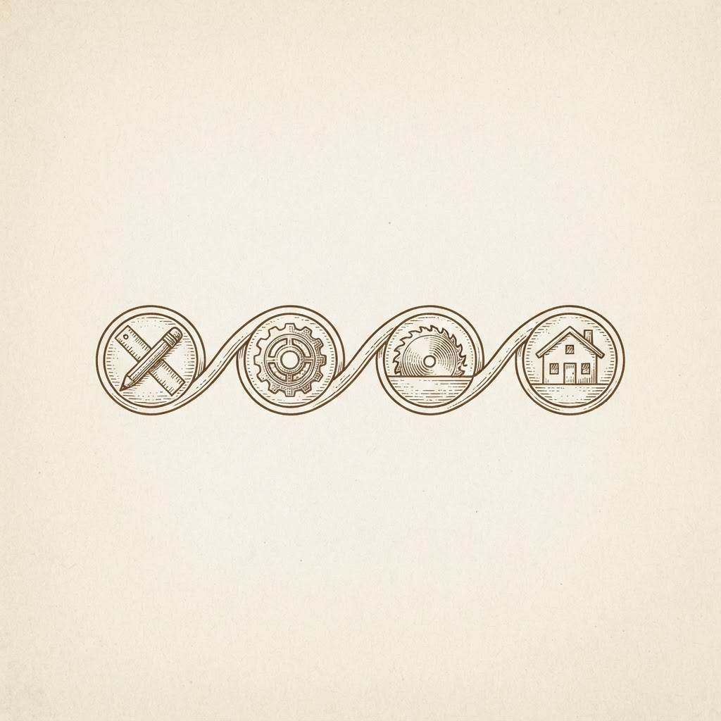 Etched illustration of a pencil, gear, saw blade and house linked together in one continuous chain