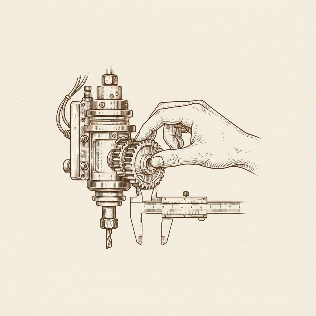 Etched illustration of a hand meeting a CNC spindle, gear and measuring caliper
