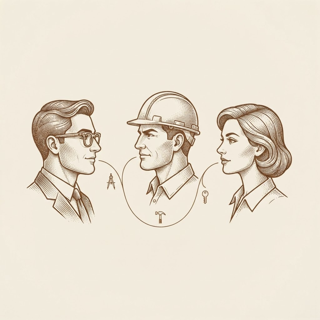 Etched illustration of three profiles in conversation