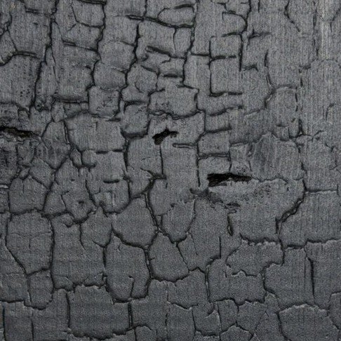 Charred black timber with a cracked, textured surface